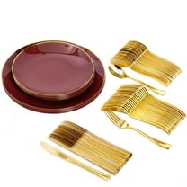 Crown Display™ 200 Piece Burgundy And Gold Rimmed Disposable Plastic Plates For Party And Cutlery Set - Service For 40