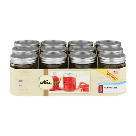 Kerr Regular Mouth Half-Pint 8 Oz. Glass Mason Jars with Lids and Bands, 12 Count