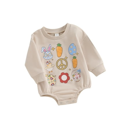 

Co.MMehjri Baby Girls Boys Easter Romper Long Sleeve Crew Neck Carrot Bunny Egg Print Casual Romper