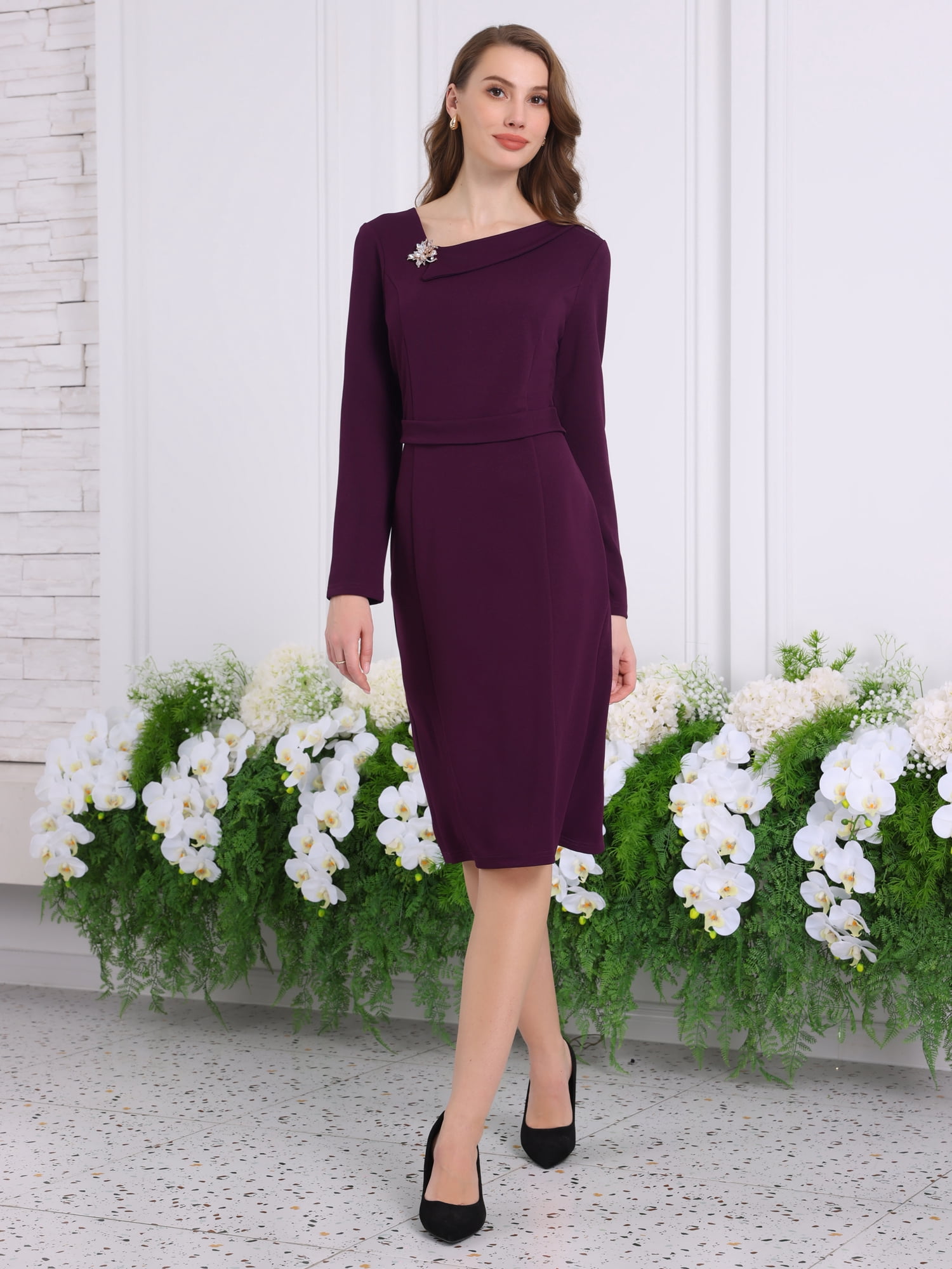 DARING DIVA Sheath Dress Asymmetrical Neckline Pencil Dress S Dark Purple