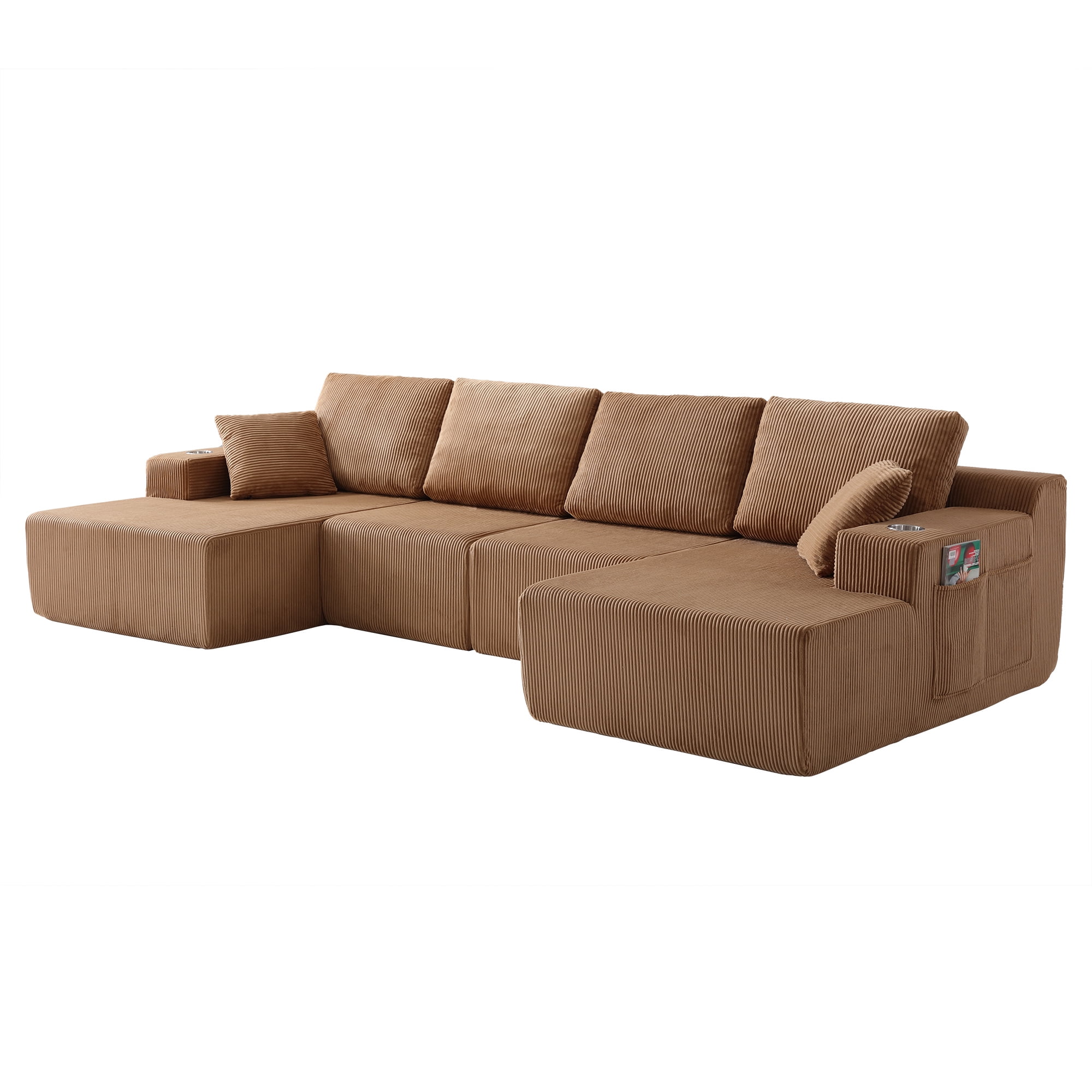 Leumius 130" U Shaped Sectional Couches with Chaise,Modern Deep Seat Boneless Corduroy Cloud Modular Sofa for Living Room,Brown