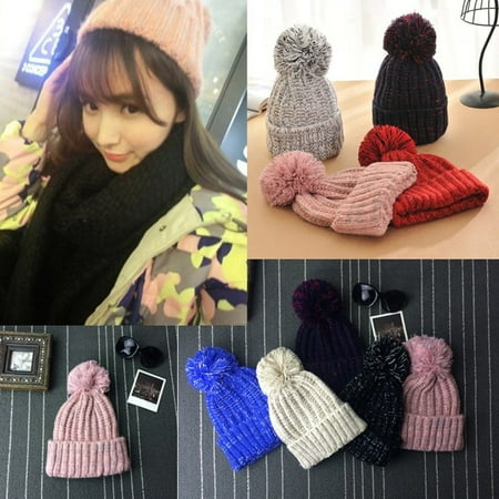 - Women Crochet Beret Beanie Ball Hat Knitted Wool Warm Winter Ski Crochet Cap