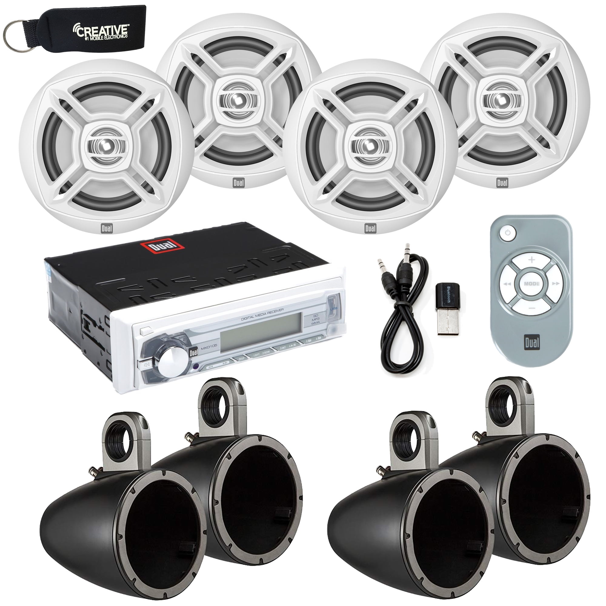 UTV Stereo Dual Marine Receiver w/ USB, AUX (no cd), Four 6.5" Marine Speakers W/ Black Single