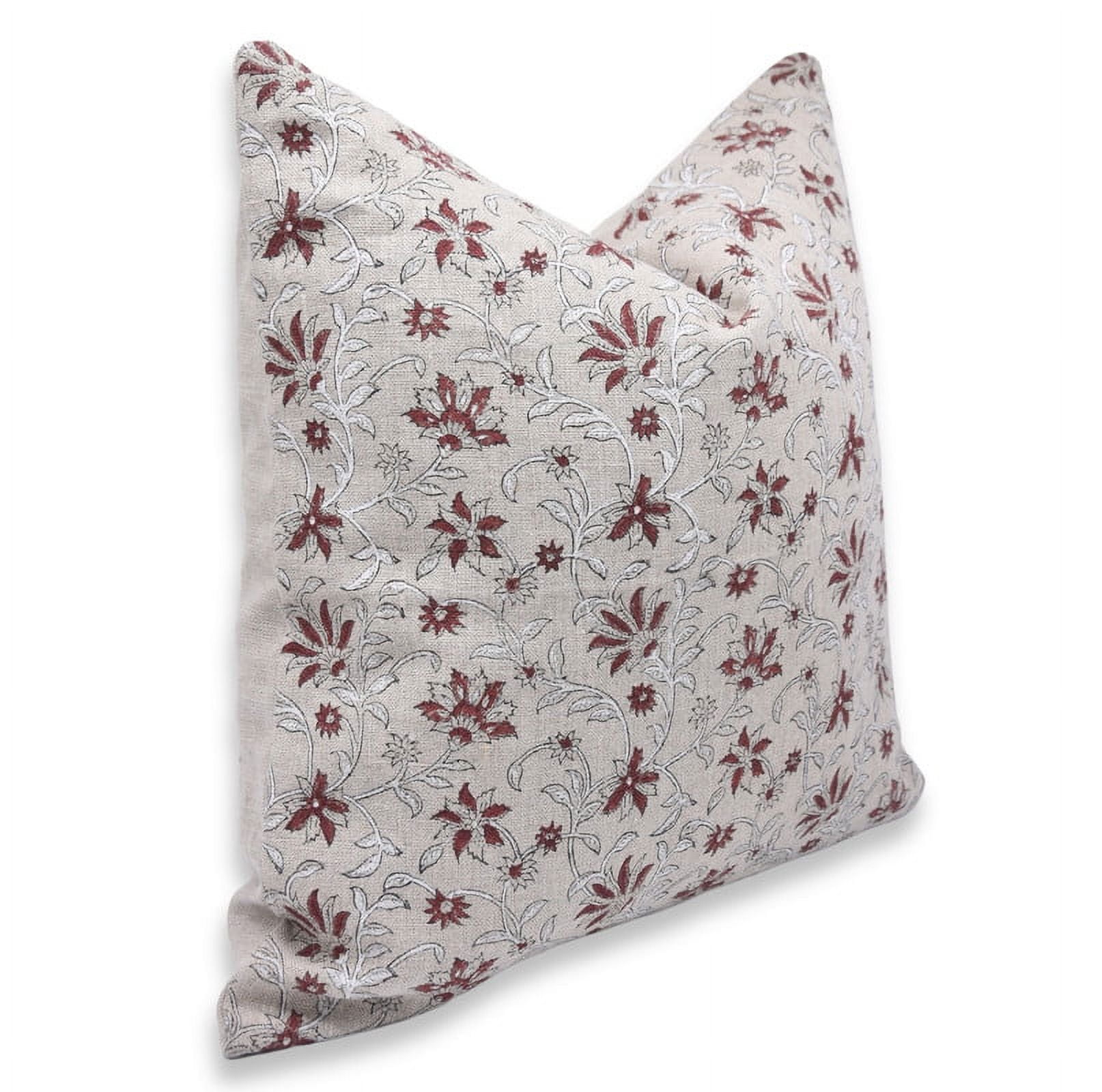 Fabdivine Block Print Throw Pillow Cover, 22x22 InchThick Linen Decorative Cushion Cover, Floral Print Boho Design Maroon Pillow Cover for Sofa and Couch