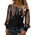 thumbnail image 2 of Fulijie Gold Sequin Top Blouse,Ladies Gold Tone Long Sleeve Blouse,Womens Tops,Women Casual Sequin Print Top Shirt Mesh Long Sleeve Cold Shoulder Loose Elegant Splice Blouse, 2 of 2