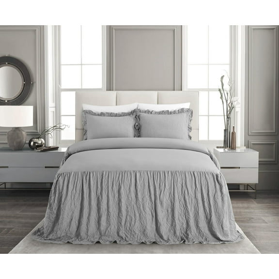 Chic Home Ashford Quilt Set Crinkle Crush Ruffled Drop Design Bed In A Bag Bedding - Sheets Pillowcases Pillow Shams Included - 7 Piece - King 80x76", Grey