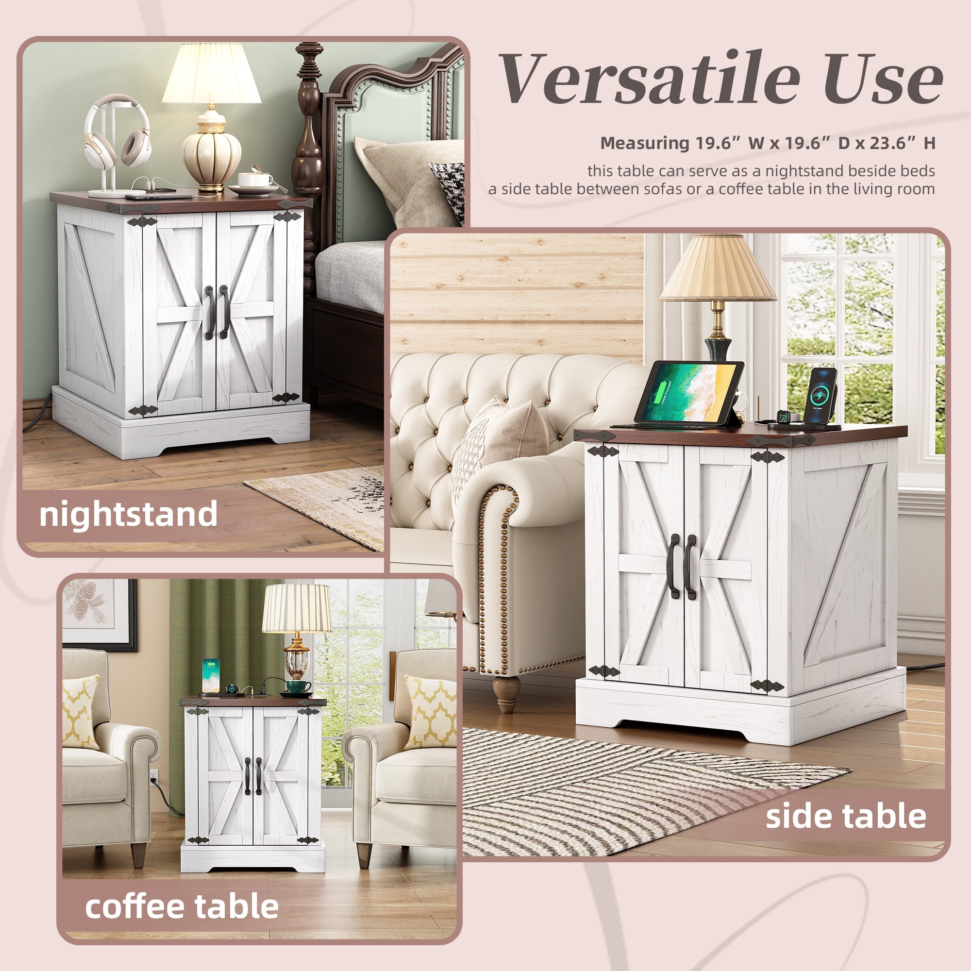 MAYEERTY Farmhouse End Table with Charging Station, Rustic Wood Nightstand with Adjustable Shelf, White