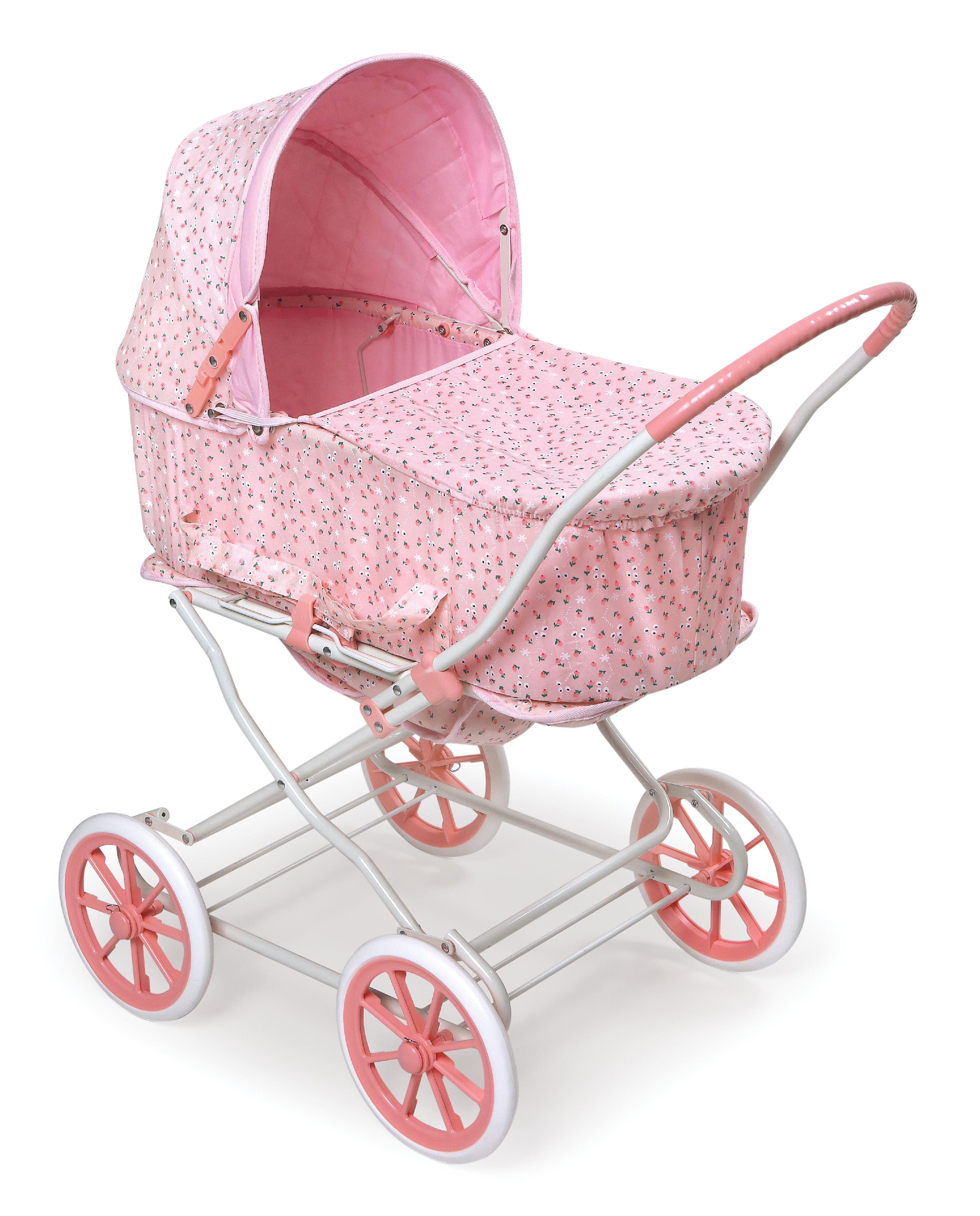 QDS Pink Baby Dolls Push Buggy Stroller Patterned Pram Seat Fold Down for Dolls Up To 45cm