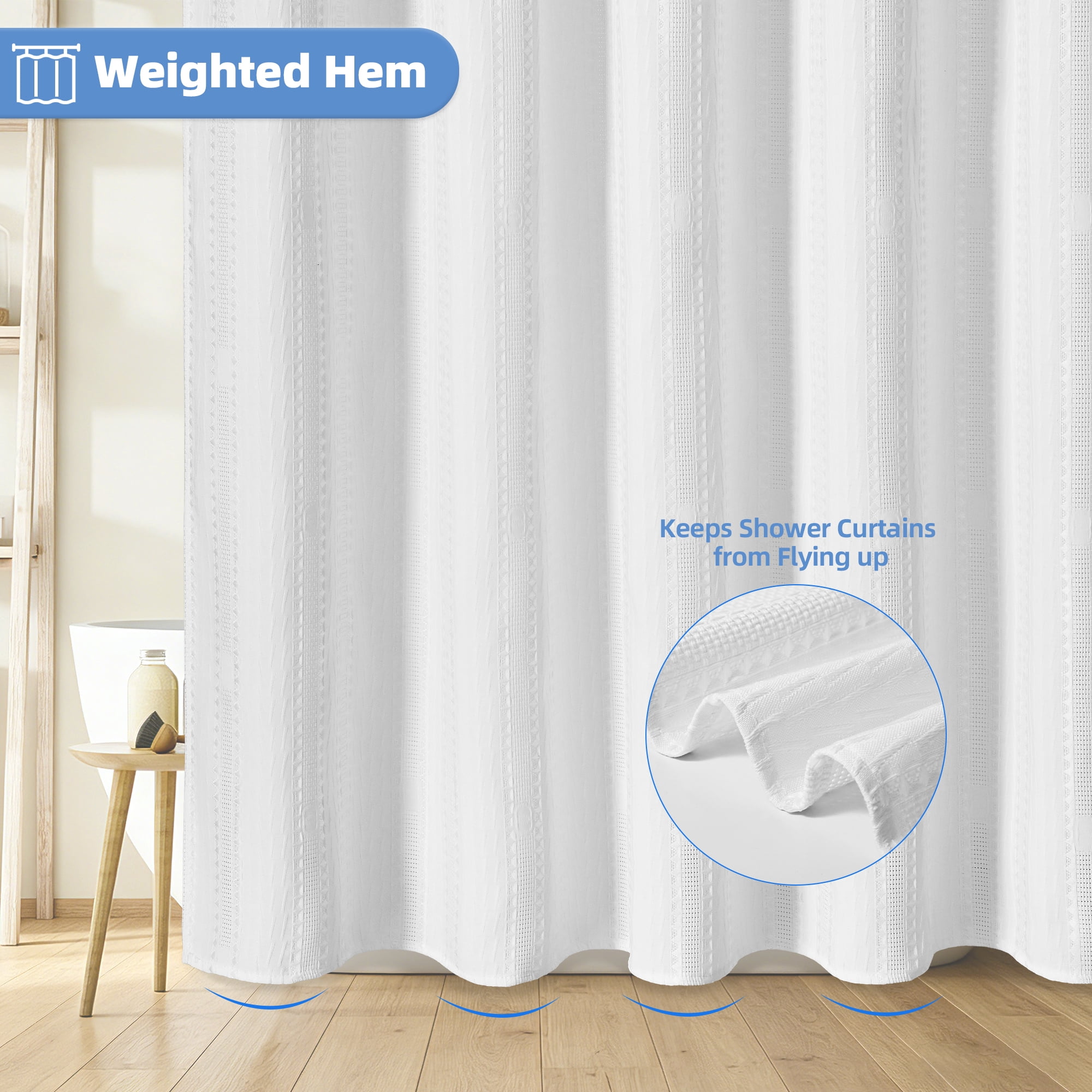 FRAMICS Waffle Shower Curtain Sets with Non-Slip Rug & 12 Hooks, Luxury Heavy Duty Waterproof Fabric Bathroom Sets, 72" x 72", White