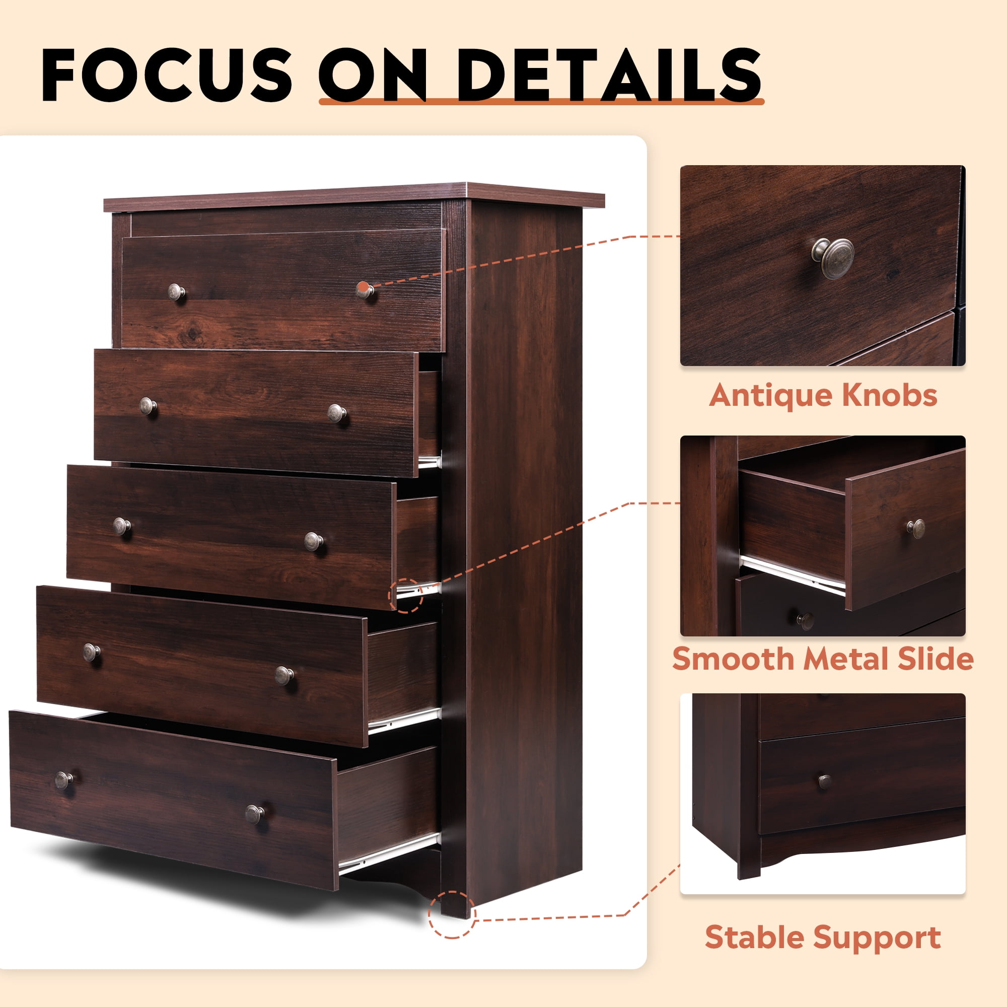 GALAXHERO 5 Drawer Dresser for Bedroom, Retro Wood Chest of Drawers, Tall Dresser with Round Metal Handle for Living Room, Hallway, Closet, Rustic Brown
