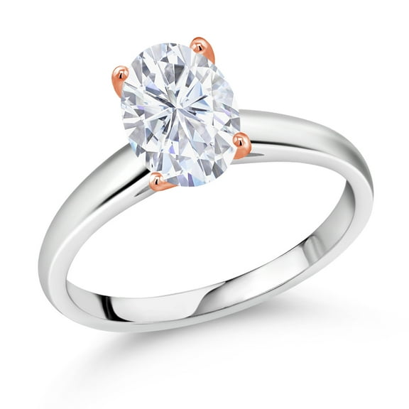 Gem Stone King 10K White and Rose Gold Solitaire Ring Set with Near Colorless Oval 2.10cttw Moissanite (Size 8)