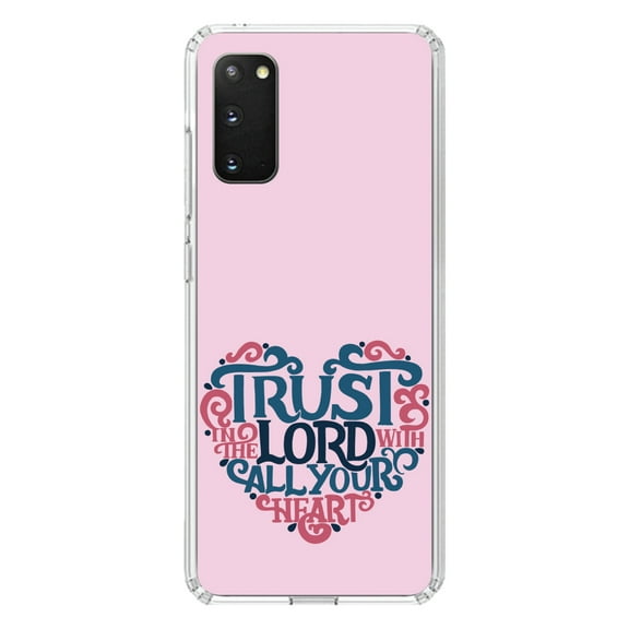 DistinctInk Clear Shockproof Hybrid Case for Galaxy S20 / S20 5G (6.2" Screen) - TPU Bumper, Acrylic Back, Tempered Glass Screen Protector - Trust In The Lord With All Your Heart