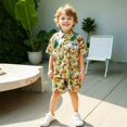 thumbnail image 2 of Kids 2 Piece Summer Outfit, Cartoon Bear Floral Print Short Sleeve Button Down Shirt & Elastic Shorts Set, Casual Beach Vacation Clothes for Little & Big Boys Girls, 2 of 15