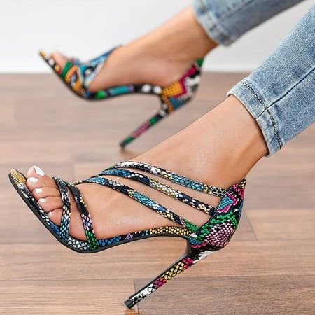 

〖Yilirongyumm〗 Multicolor 39 High Heels For Women Print Heel Girls Casual For Women Roman Sandals Stilettos Snake High Sandals Sandals Women s High Heels