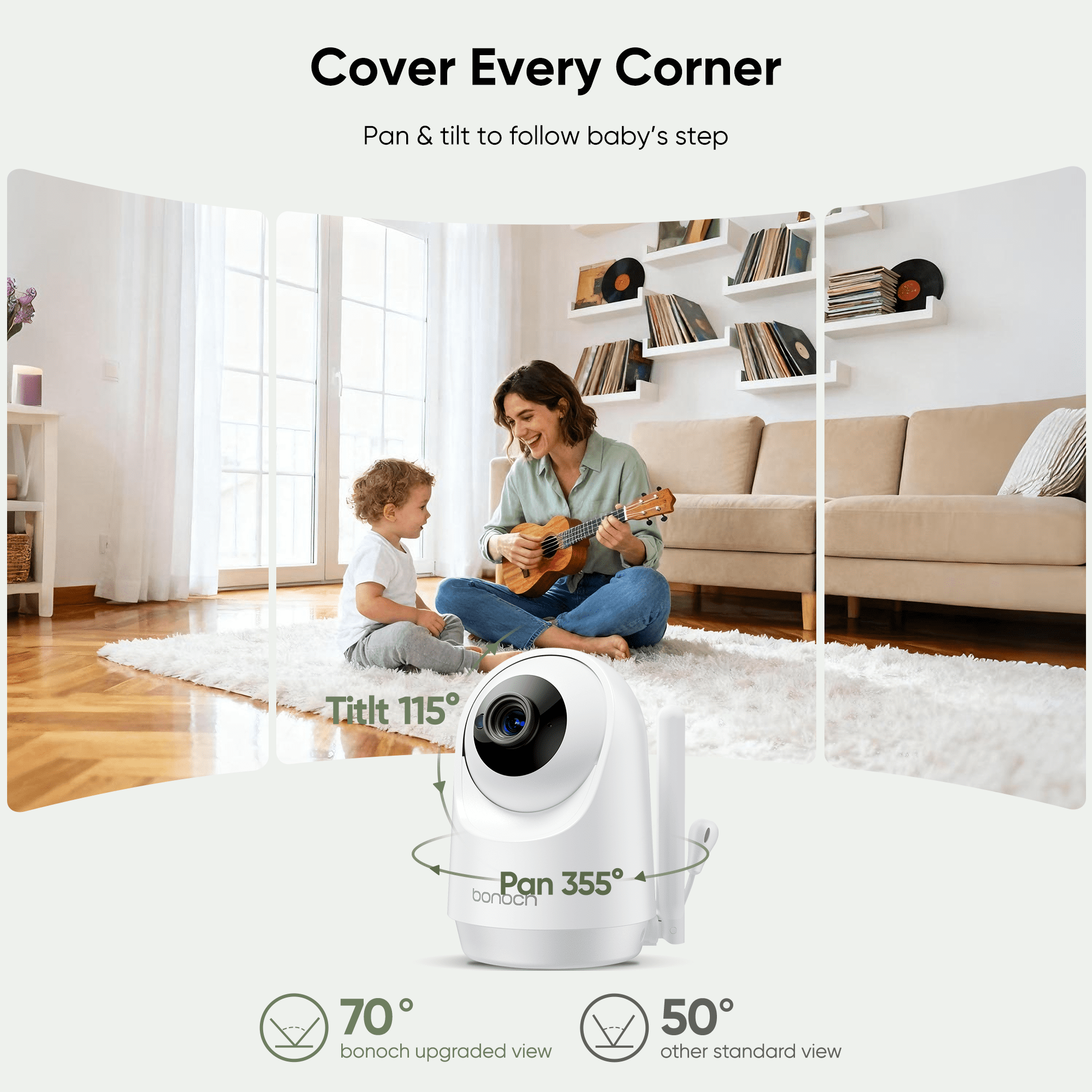 Bonoch 7" 720P HD Baby Monitor with Camera and Audio, Upgraded MegaView, No WiFi, Hack Proof, 6000mAh Battery, Remote PTZ, VOX Mode, Night Vision, White Noise, Ideal Gift for New Parents