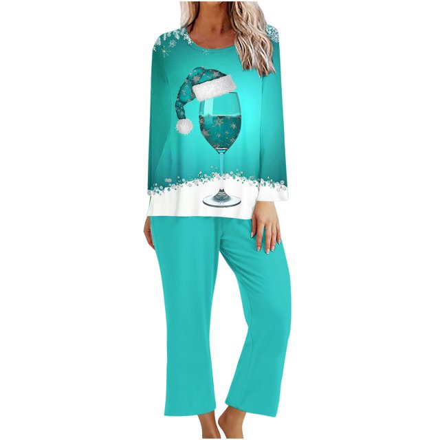 Pisexur Pyjamas de Noël pour Femmes Ensemble Deux Pièces Tendance Vacances Verres à Vin Rouge Imprimé Pjs Décontractés Manches Longues Col Rond Hauts Pantalons de Pyjama Vêtements de Nuit