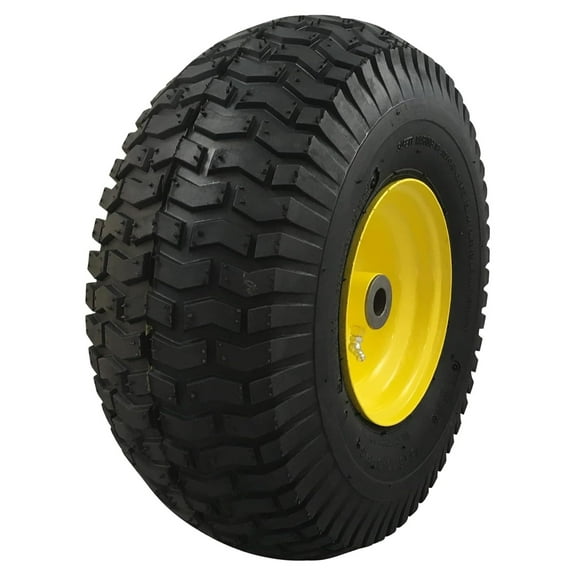 15x6.00-6 Pneumatic, Like Replacement Front Tire and Wheel Assembly, Compatible with Mowers, Turf Saver, 4PR Tube-Type Tire, Yellow Wheel, 3-Inch Offset Hub, 3/4-Inch Bushings 1 Pack