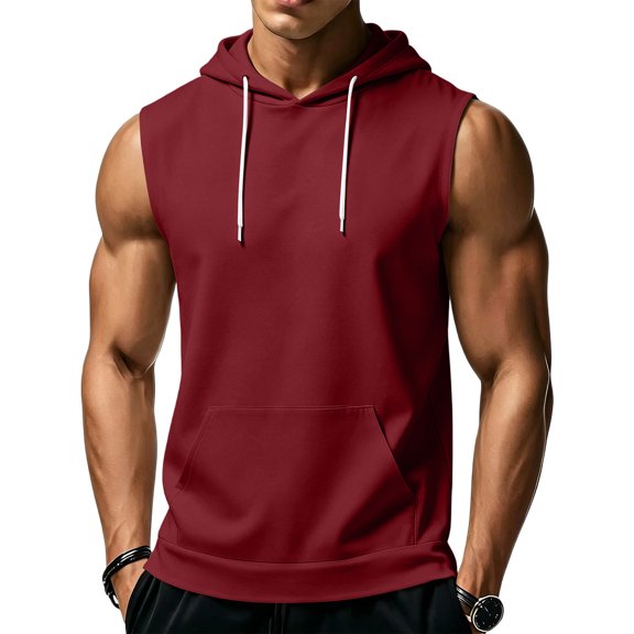 Men's Sleeveless Hoodie Casual Vintage Washed Muscle Tank Top Workout Gym Loose Fit Drawstring Hooded Shirt Summer Tops,XL,Wine