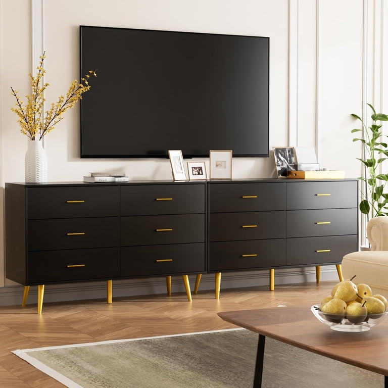 CARPETNAL Black Dresser for Bedroom, 6 Drawer Dresser with Wide Drawers and Gold Metal Handles, Wood Dressers & Chest of Hallway, Entryway. - Walmart.com CARPETNAL Black Dresser for Bedroom, 6 Drawer Dresser with Wide Drawers and Gold Metal Handles, Wood Dressers & Chest of Hallway, Entryway. - Walmart.com