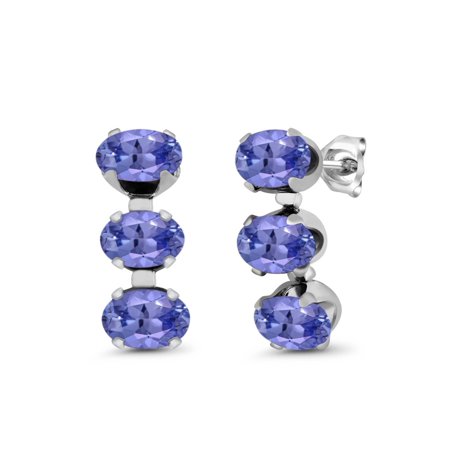 2.70 Ct Oval Blue Tanzanite 925 Sterling Silver 3-Stone Earrings