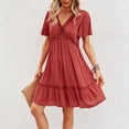 thumbnail image 3 of Mutural Summer Beach Dress Ladies Short Sleeve Solid Color Purfle Lace V Neck Mini Sundresses For Women Large Red, 3 of 5