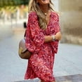 thumbnail image 3 of MORTTIC Plus Size Women's Floral Print Boho V-Neck Long Sleeve Midi Dress with Drawstring Waist Summer Vacation Red，S, 3 of 6
