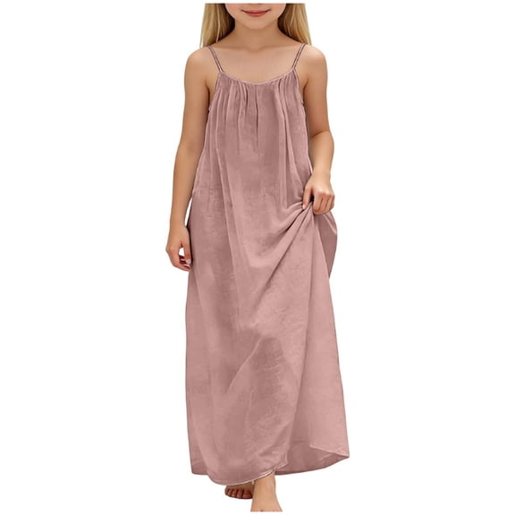 Girls Dress Backles Slinen-Cotton Dress Summer Boho Trendy 2059 Vacation Casual Flowy Sundresses