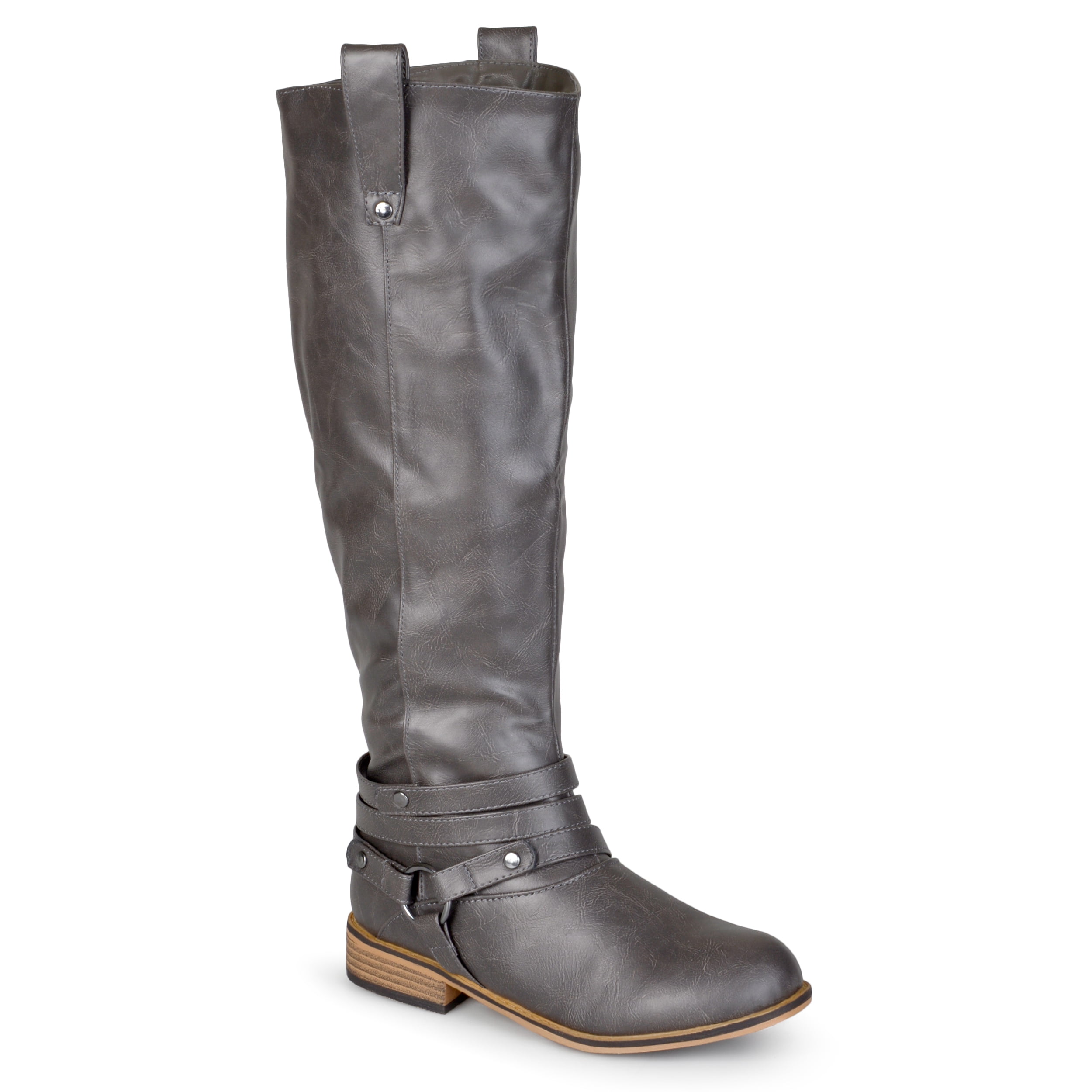 Grey Stone Cognac Women's Faux Leather Knee High Strappy Riding Boots in Black 