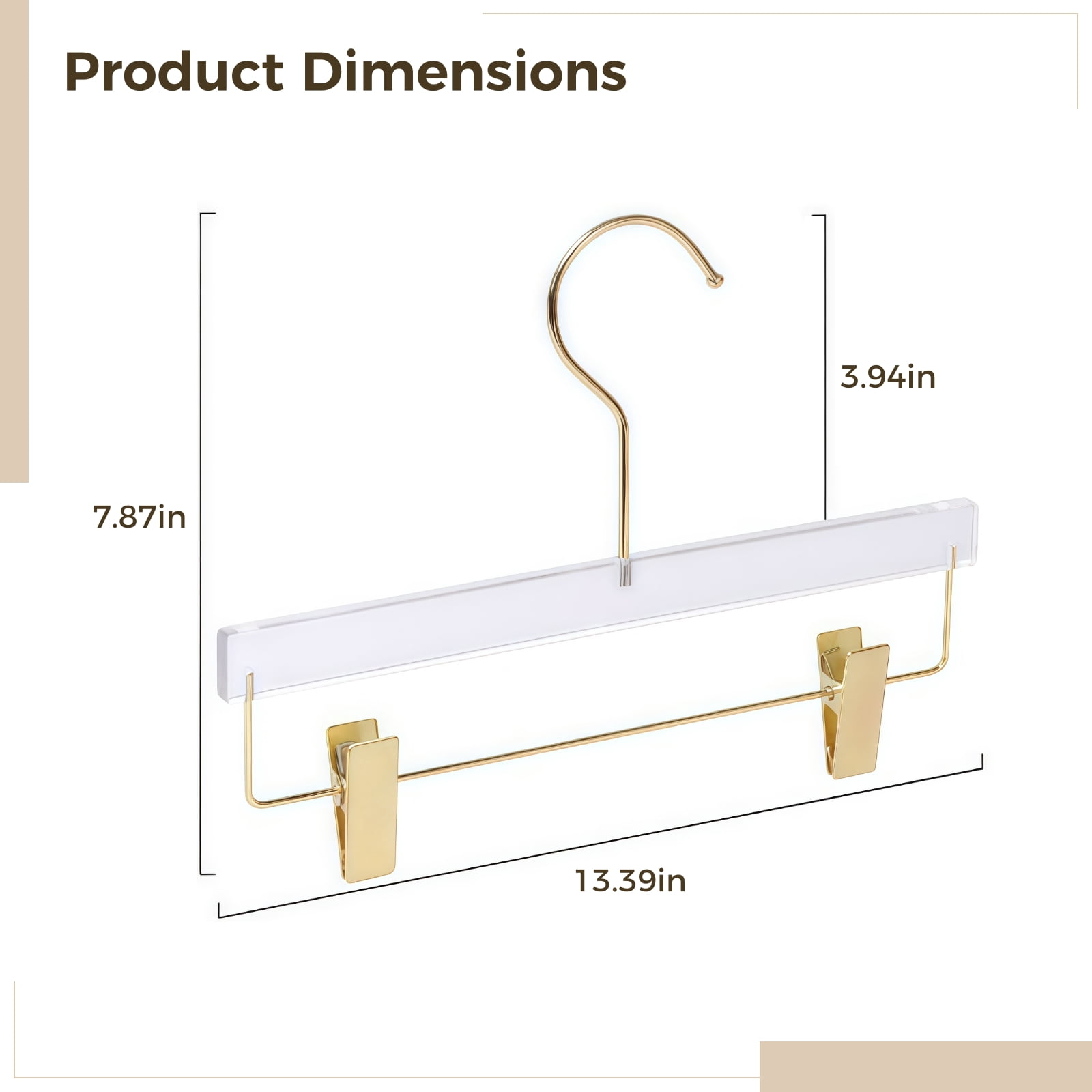 10 Pack Gold Acrylic Hangers with Clips, Adult Transparent Right Angle Hook, Space-Saving, Quality Design, Ideal for Pants and Clothes Organization