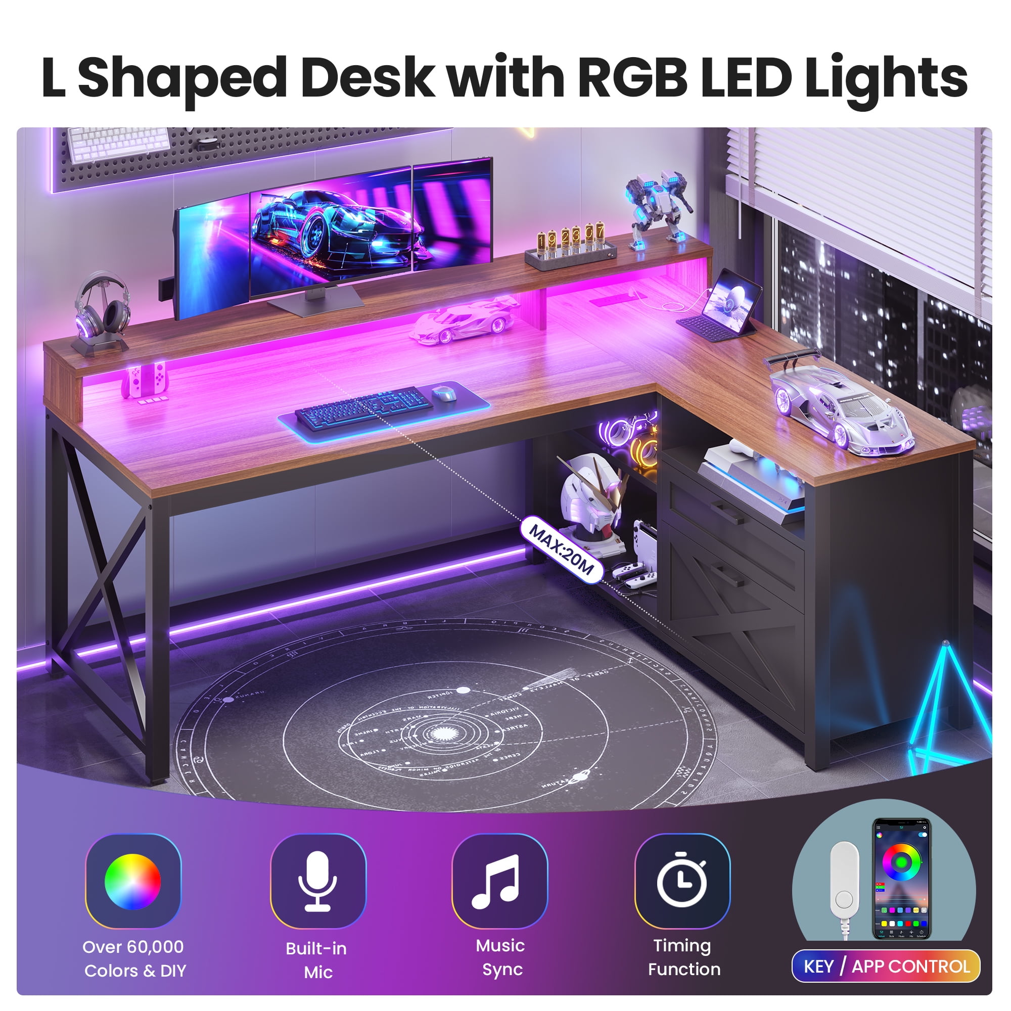 Farmhouse L Shaped Computer Desk with Drawers and Storage Shelves, 55" L Shaped Gaming Desk with LED Lights, Home Office Desk