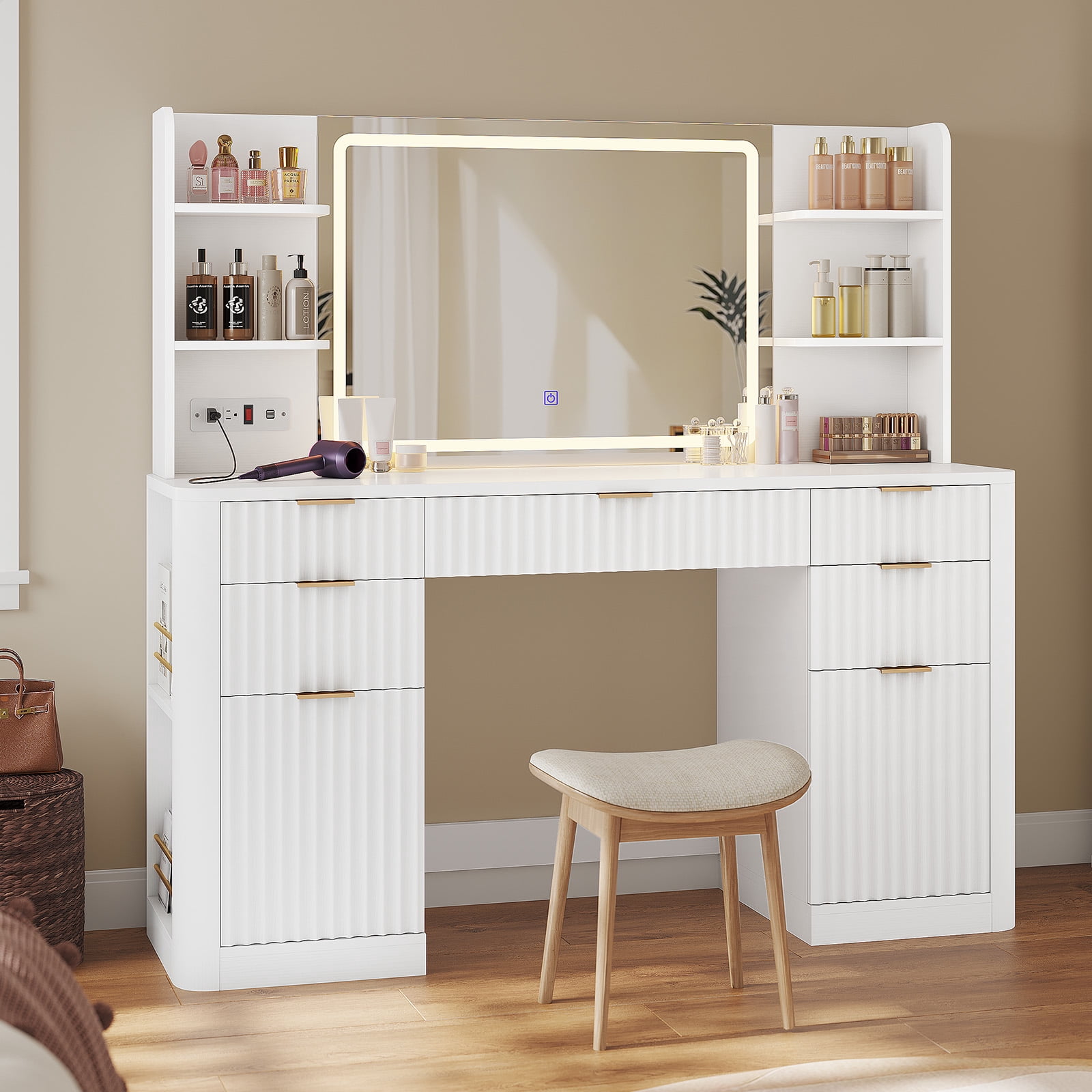 Plonmago Modern Vanity Table with Lighted Mirror, 5 Drawers, 2 Cabinets, and 6 Shelves, Vanity Desk with Lights and Power Strip,Modern Dressing Table Solid Wood Legs,White Fluted Finish