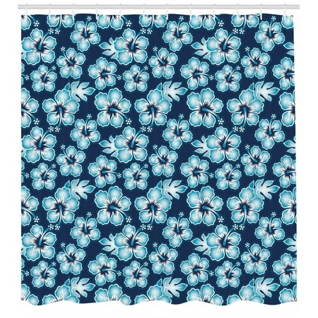 Navy Shower Curtain Hibiscus Hawaiian Tropical Island Flowers