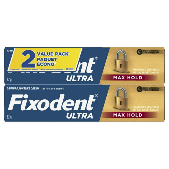 Adhésif sûr pour prothèses Fixodent Ultra Tenue maximale 62 g, paquet de 2