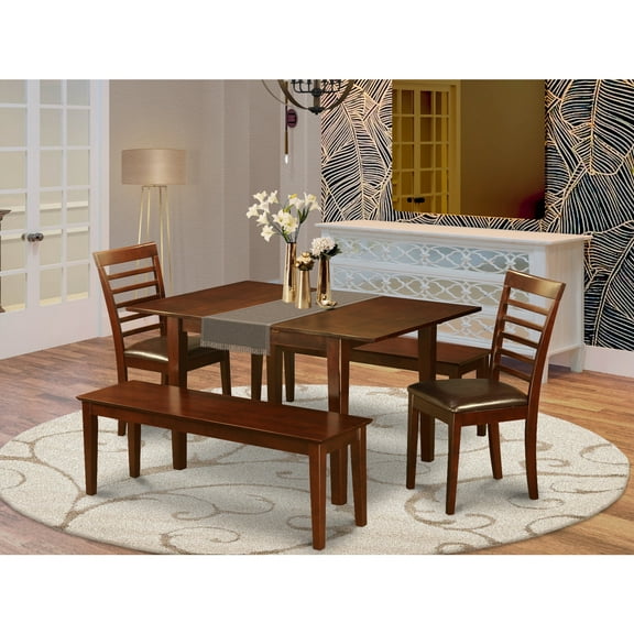 East West Furniture Picasso 5-piece Wood Dining Room Set with Bench in Mahogany