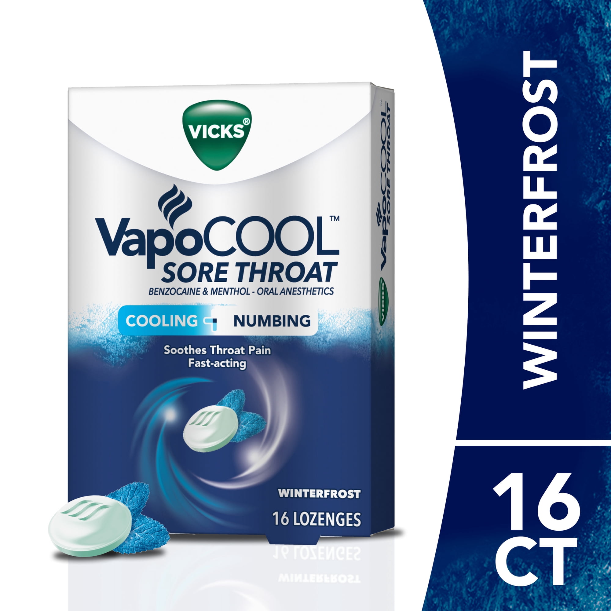 Vicks VapoCool Sore Throat Drops With Benzocaine & Menthol, Over-the-Counter Medicine, 16 count