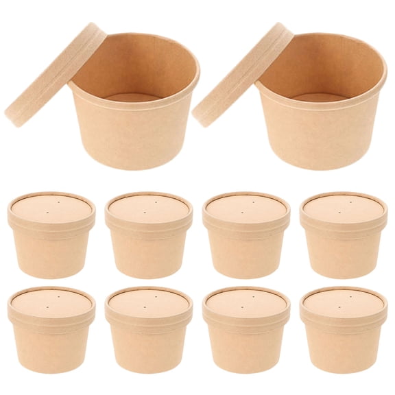 Luxshiny 10Sets Khaki Ice Cream Paper Bowl Disposable with Lid for Cold Soup and Yogurt Storage
