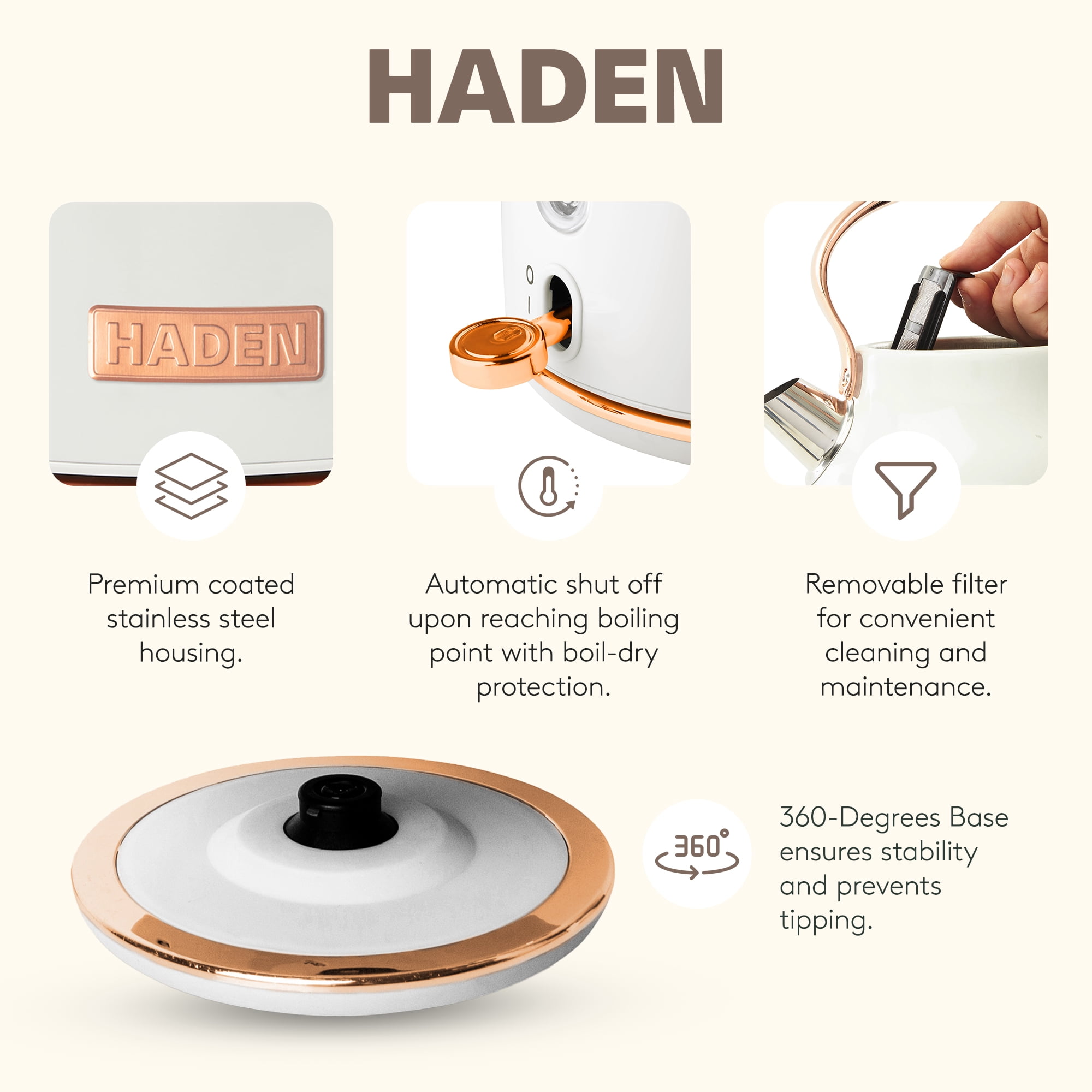 Haden Coffee Maker & Heritage 1.7 Liter Electric Kettle, Ivory & Copper