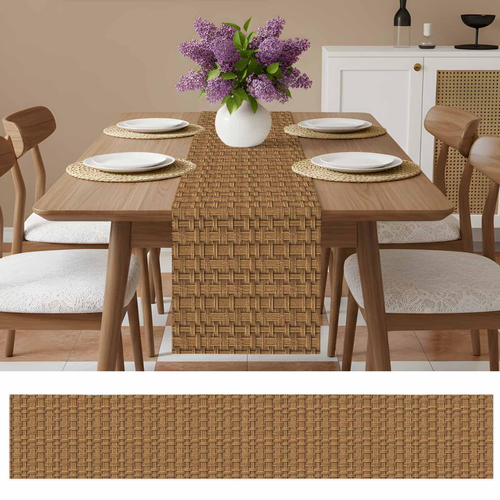 Vintage Rattan Table Runner - 60 Inch Long Minimalist Abstract Wicker Texture Brown Cotton and Linen Blended Dress Scarves Farmhouse Table Runner for Kitchen Dining, Coffee Table, 13" x 60"