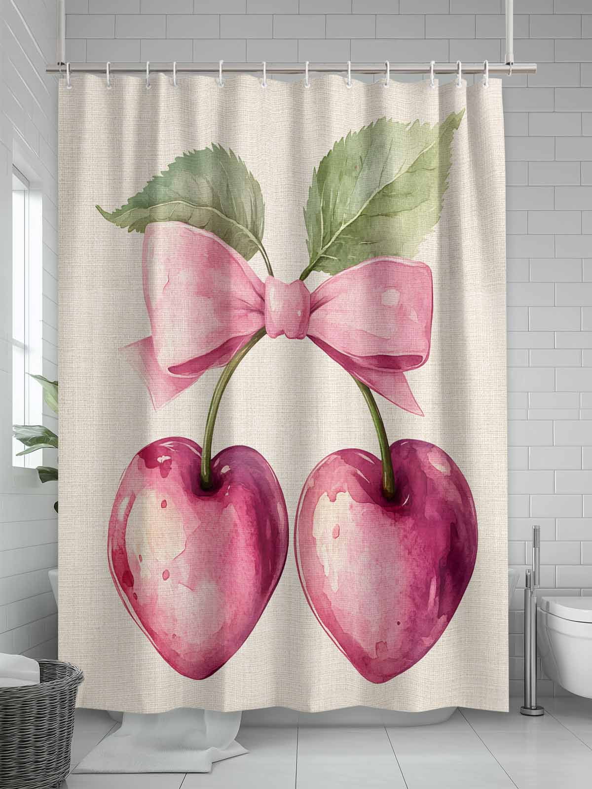 Cherry Fruit Extra Long Shower Curtain Set, Waterproof Shower Curtains for Bathroom, Spring Botanicals Bow Idyllic Country Leaf Washable Fabric Cloth Bath Curtain for Bathtub with Hooks 72x96 Inches