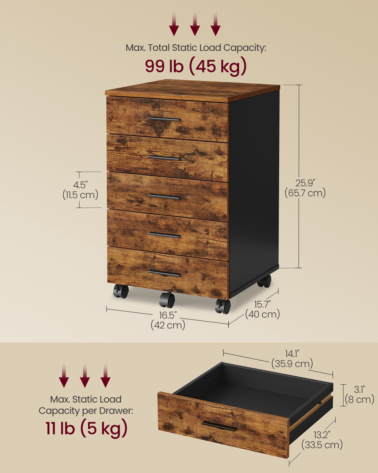 VASAGLE File Cabinet, Mobile Pedestal Filing Cabinet with Wheels, Printer Stand with 5 Drawers, Tool-Free Sliding Rails, Rustic Brown