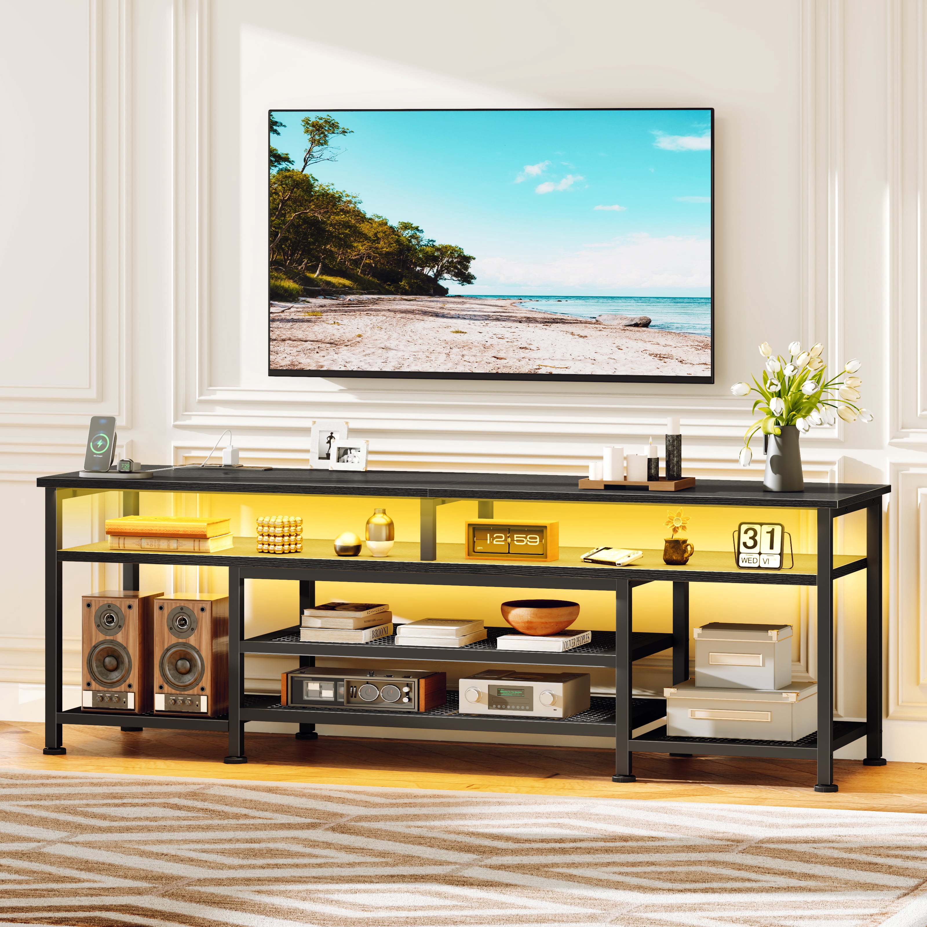 Tydimor Modern TV Stand for 75-80 inch TV, Media Console with Storage for Living Room, LED Entertainment Center with Outlets, Black