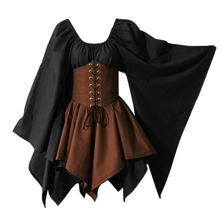 DondPO Plus Size Dresses for Curvy Women Midi Dresses Trumpet Sleeve Irish Shirt Dress With Corset Cosplay Costumes Gothic Retro Corset Dress Long Sleeve Dress Womens Dresses Bronze Dress 3XL