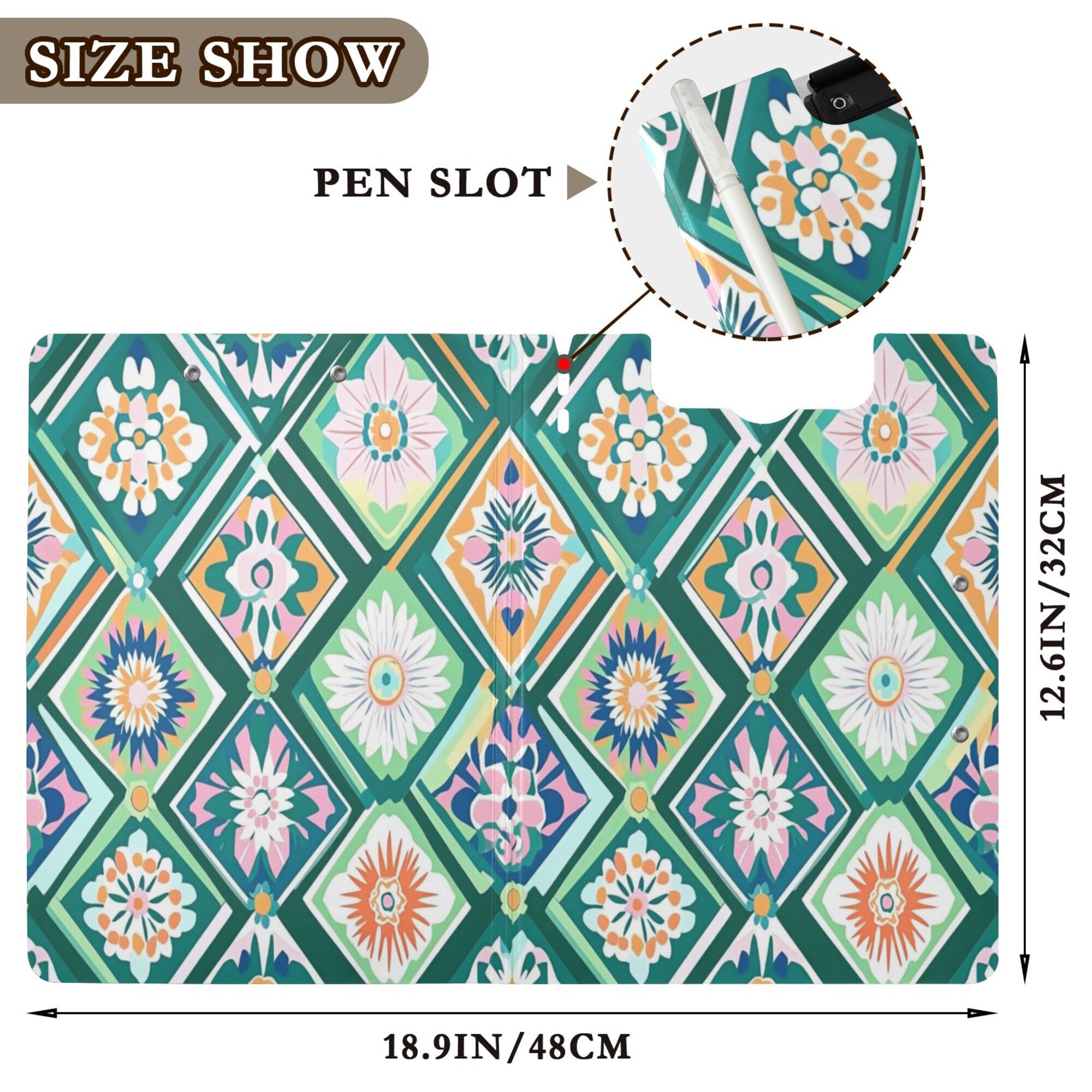 FORMRS A4 Clipboard Folder with Pen Holder Horizontal Foldable School Office Binder, Green Geometric Flowers