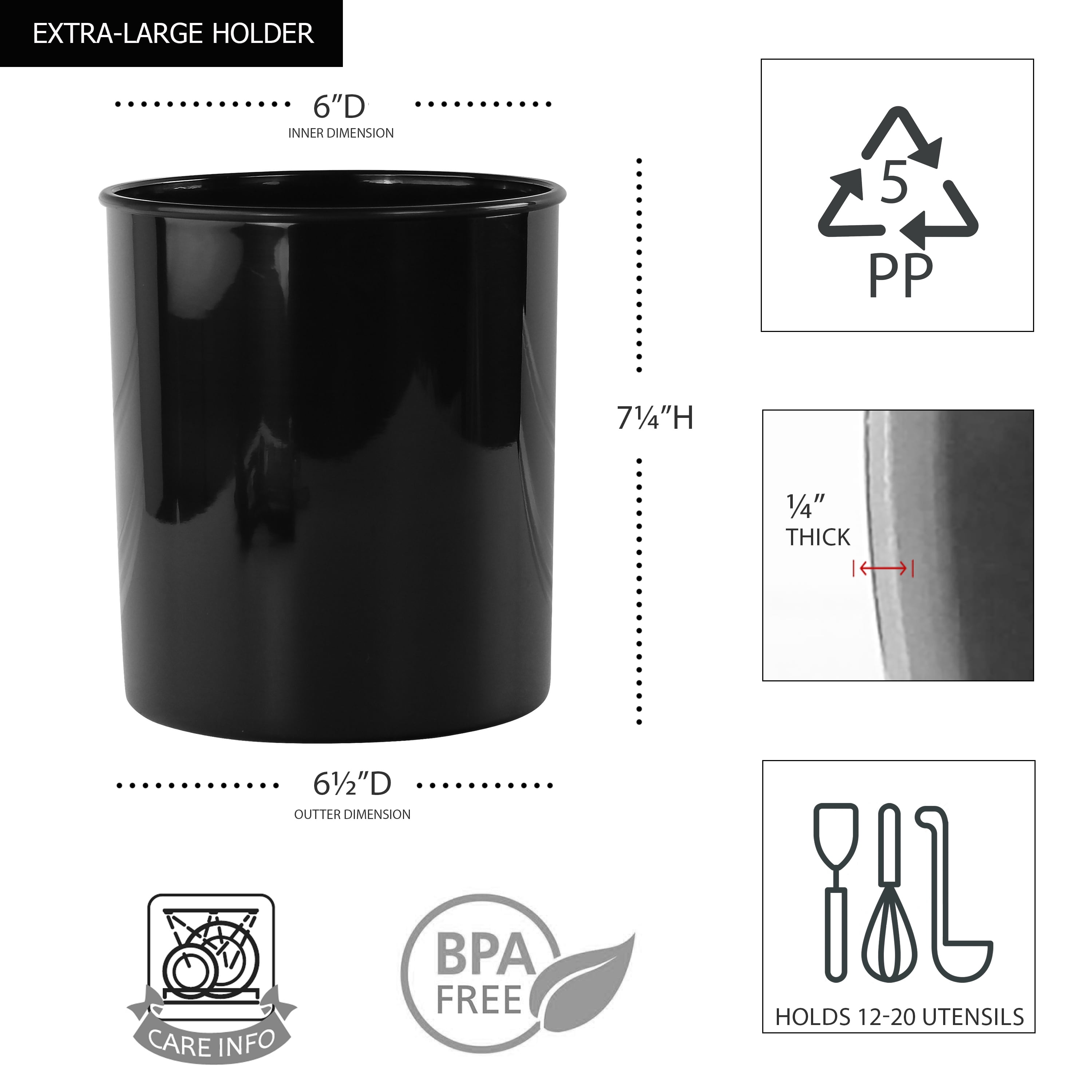 Durable Plastic Countertop Extra Large Utensil Crock/Holder, Black