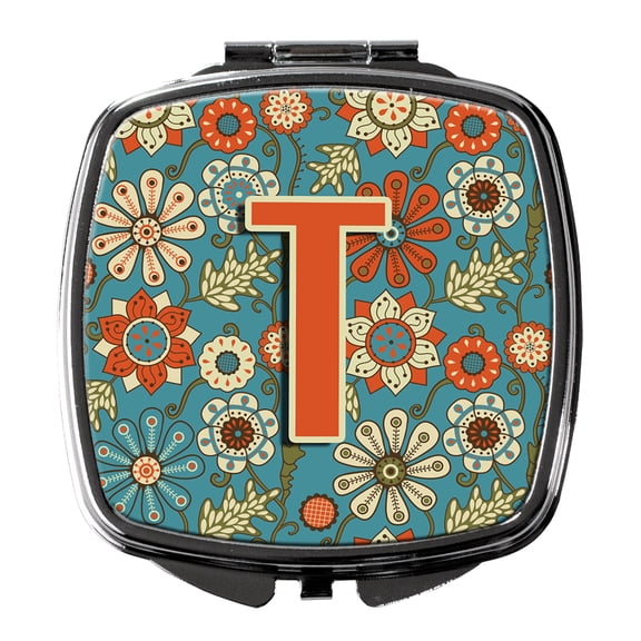 Letter T Flowers Retro Blue Compact Mirror CJ2012-TSCM