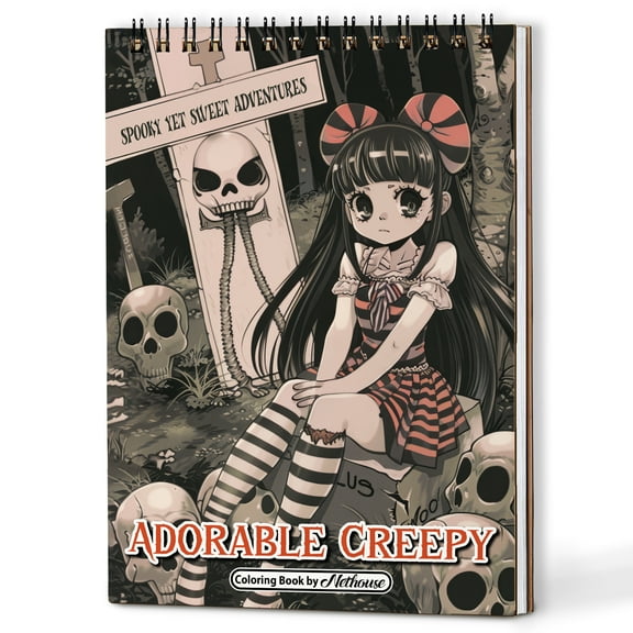 NETHOUSE Adorable Creepy Spiral Coloring Book for Adults, A5 Wooden Cover, 30 Cute Coloring Pages of Spooky Creatures, Kawaii Horror Characters, Gothic Aesthetic and Whimsical Scenes