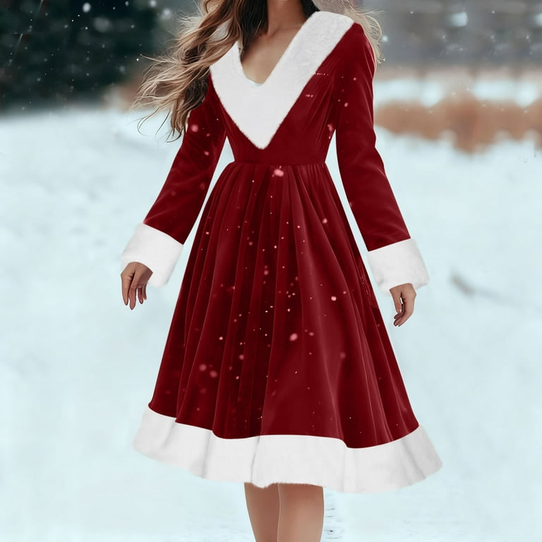 PXLKNZH Christmas Holiday Party Dresses for Women Fur V Neck Warm