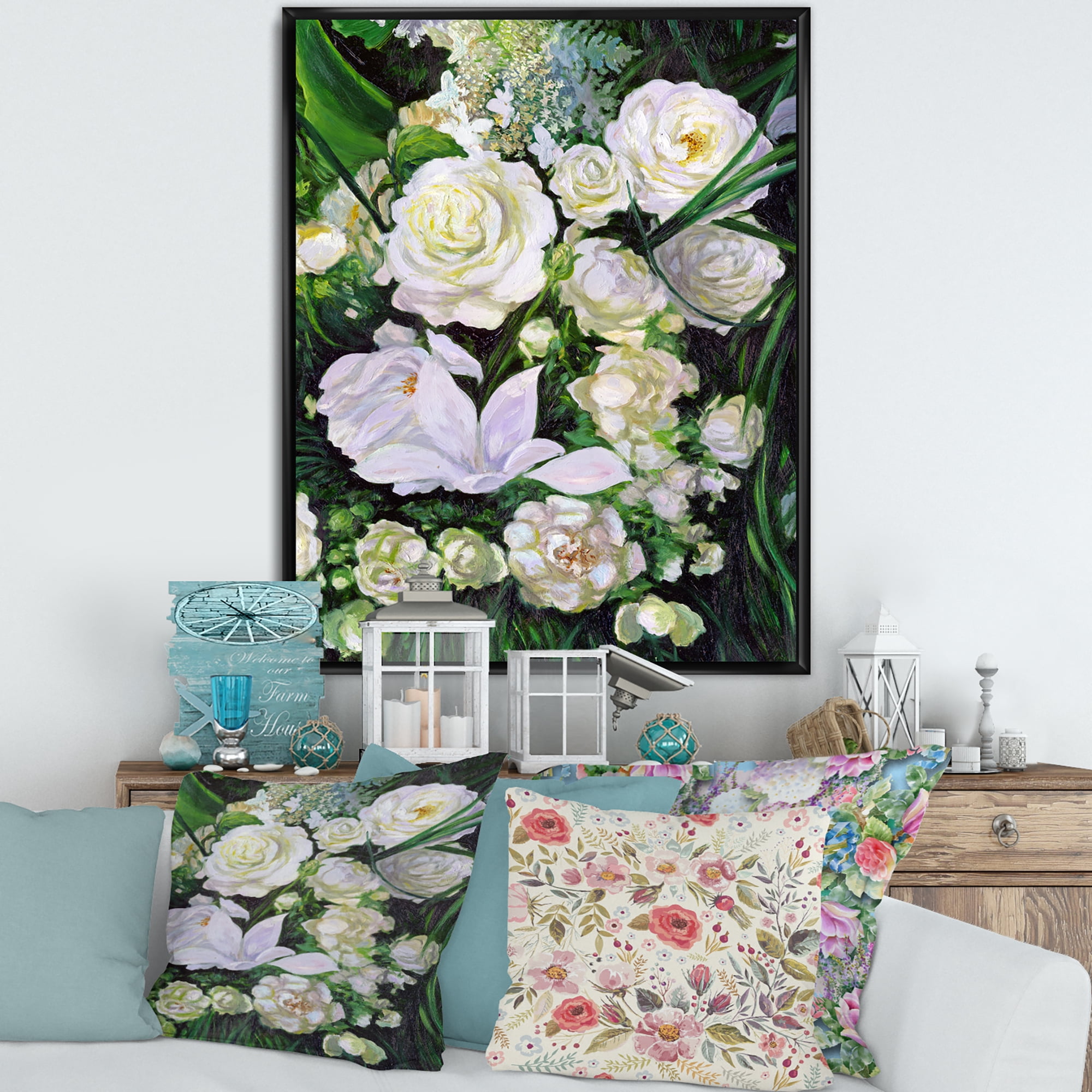 Bouquet Of White Roses With Green Leaves 12 in x 20 in Framed Painting Canvas Art Print, by Designart