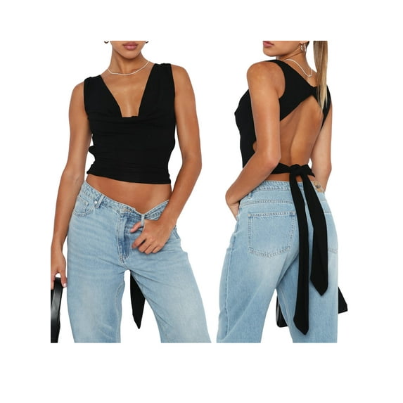 KelaJuan Womenacute;s Summer Mini Skinny Vest Solid Color Sleeveless Backless Deep V Neck Crop Tops