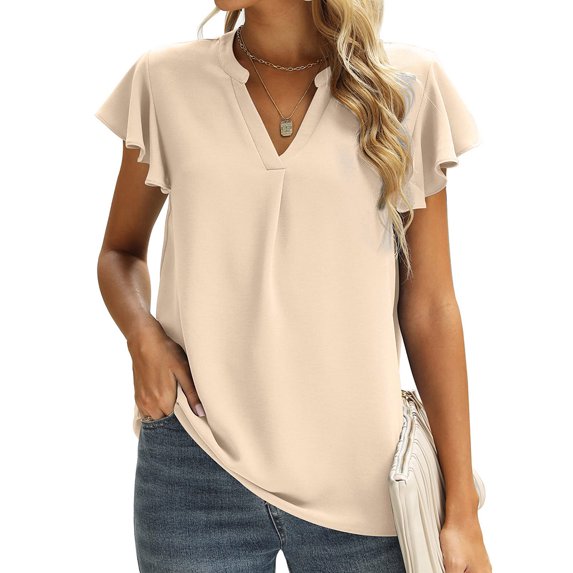 QLEICOM Womens Summer Tops Oversized T-shirts Short Sleeve V-Neck Solid Tunic Casual Loose Tunic Tank Tops Women Shirts Blouses Beige XXL